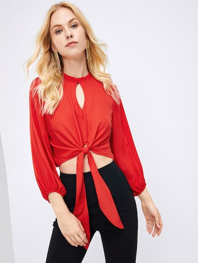 Vintage Front-Knot-Tie Crop Top With Tear Drop Opening