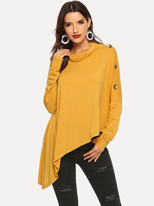 Asymmetric Draped Neck Side Flounce Top With Side Button Details