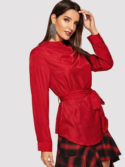 Shrug-Neck Sexy Red Tie-Waste Blouse
