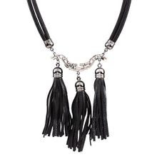 Load image into Gallery viewer, Black Leather Tri-Tassels Crystal Necklace