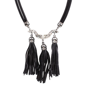 Black Leather Tri-Tassels Crystal Necklace