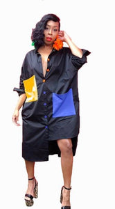 Black Color Block Asymmetric Button-Down Shirt-Dress