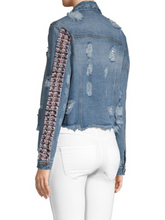 Load image into Gallery viewer, Designer Distressed Denim Jacket with Tweed Accent
