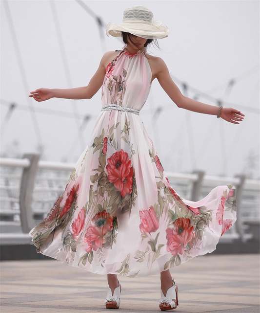 Bohemian-Swing Chiffon Floral Maxi Dress