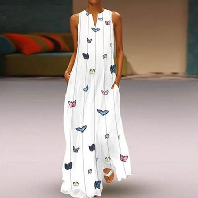 Michelle Vintage Boho Sleeveless Butterfly Print Maxi Dress