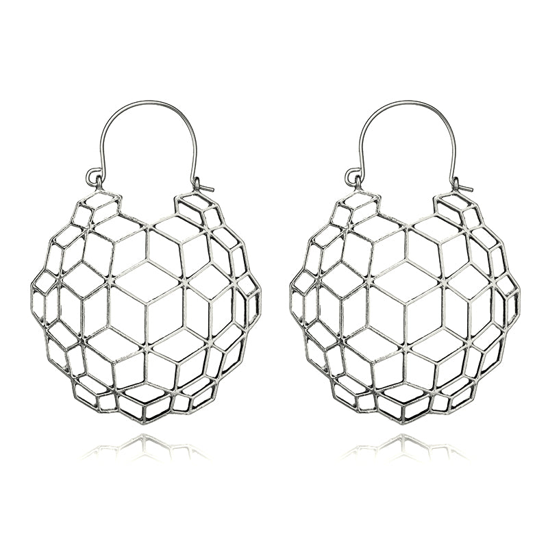 Hollow Globe Drop Dangle Cube Geometric Earrings / Gold or Silver Tone