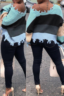 Modest Color-Lump Swirl Off The Shoulder Distressed Sweater