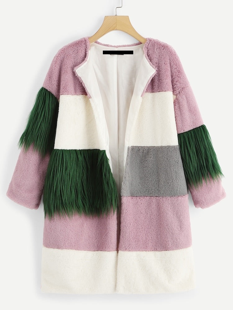 Drew Color Block Contrast Faux Fur Coat