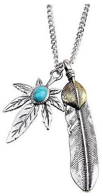 Antique Turquoise Stone Maple Leaf Feather Pendant Necklace