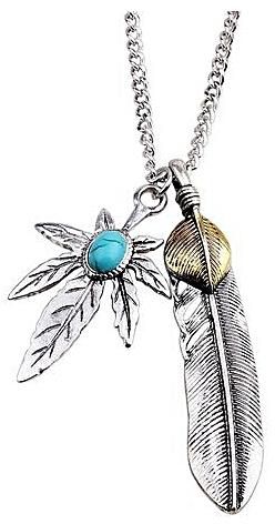 Antique Turquoise Stone Maple Leaf Feather Pendant Necklace