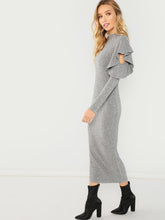 Load image into Gallery viewer, Heather Grey Peek-A-Boo Ruffled Shoulder Body Con Dress