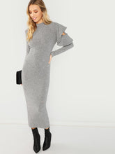 Load image into Gallery viewer, Heather Grey Peek-A-Boo Ruffled Shoulder Body Con Dress