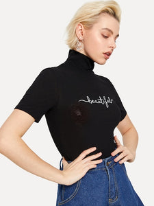 "Because I'm Beautiful" High Neck Embroidered Ribbed Top
