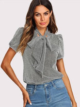 Load image into Gallery viewer, Eva Glitter Tie-Neck Puff-Sleeve Top