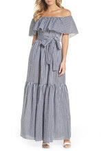Load image into Gallery viewer, Designer Off the Shoulder Ruffle Gingham Maxi Dress Color: BLUE WHITE GINGHAM