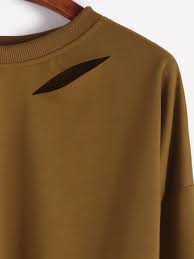 Cut Out Distressed Crop Sweat Shirt/Comes In Two Colors/Khaki or Grey