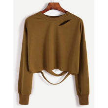 Load image into Gallery viewer, Cut Out Distressed Crop Sweat Shirt/Comes In Two Colors/Khaki or Grey
