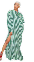 Load image into Gallery viewer, Mixed Feelings Asymmetry Sleeve Pinstripe Button-Down Maxi Dress