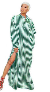 Mixed Feelings Asymmetry Sleeve Pinstripe Button-Down Maxi Dress