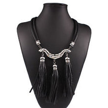 Load image into Gallery viewer, Black Leather Tri-Tassels Crystal Necklace