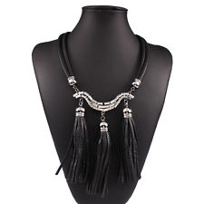 Black Leather Tri-Tassels Crystal Necklace