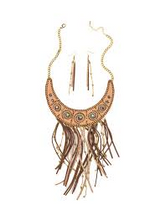 Load image into Gallery viewer, Tan Faux Leather Beaded Fringe Necklace Set